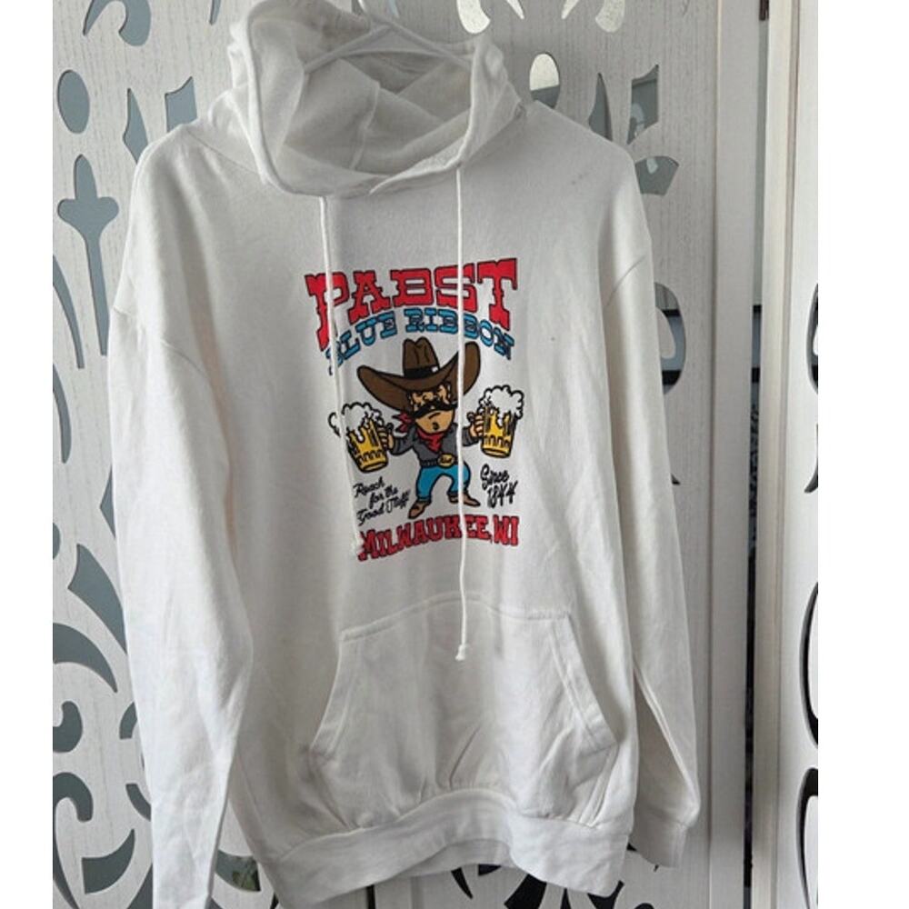 Pabst Blue Ribbon PBR Hoodie Small White Cowboy Milwaukee Beer Graphic Pullover